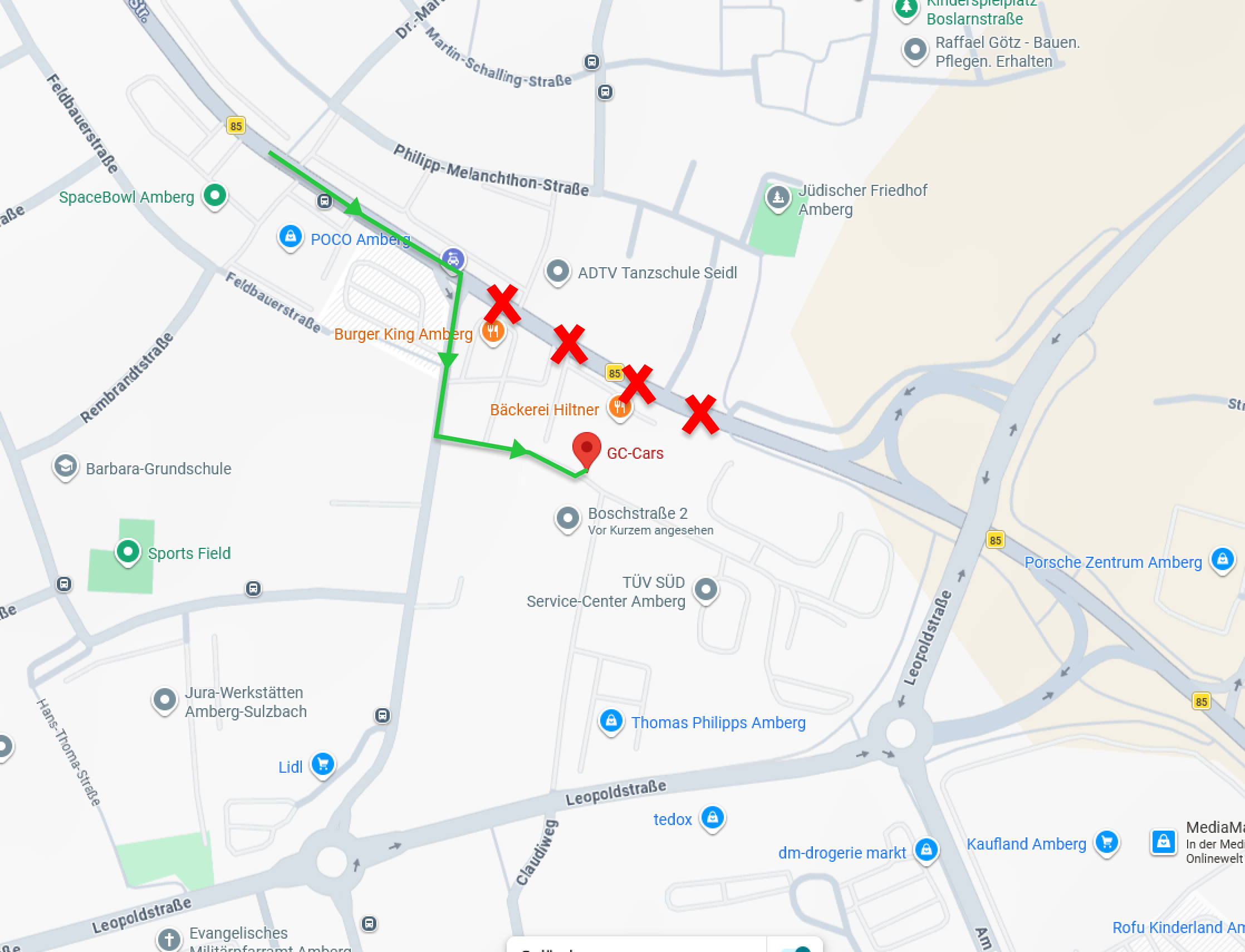 Anfahrt zu GC-Cars, Regensburger Str. 116, Amberg